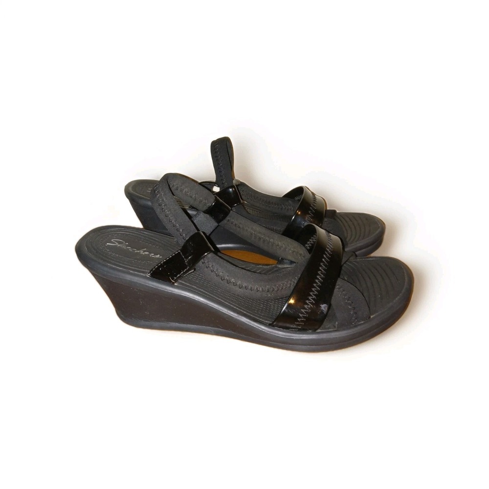 Skechers Wedge Sandals Women 10 Black Patent Slingback Sporty Comfort Shoes